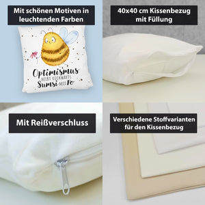 Pummel Biene Kissen mit Spruch Optimismus heißt rückwärts Sumsi mit Po