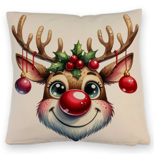 Rentier mit Weihnachtskugeln Kissen