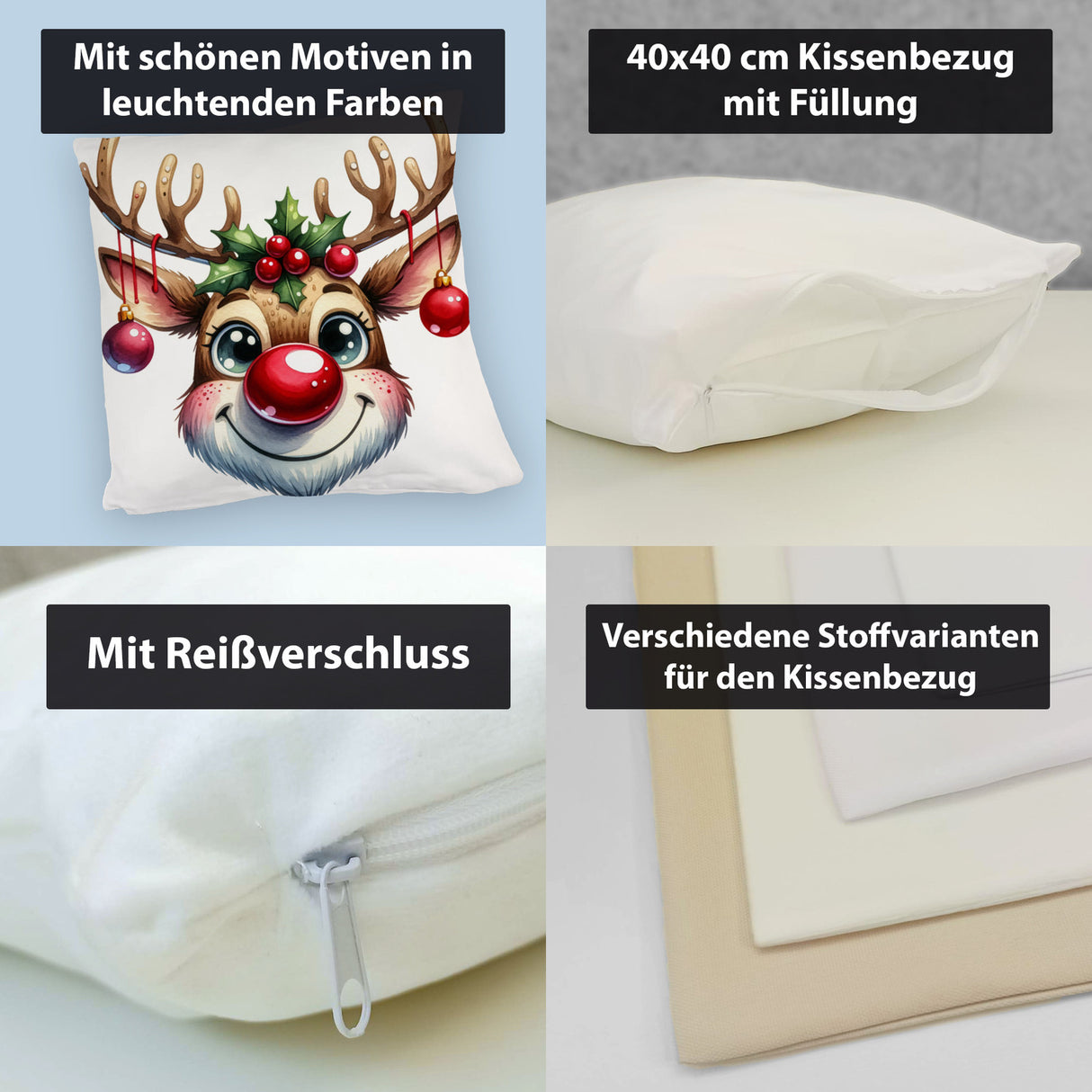 Rentier mit Weihnachtskugeln Kissen
