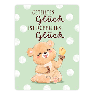 Bär Metallschild in 15x20 cm mit Spruch Geteiltes Glück ist doppeltes Glück