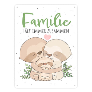Faultier Metallschild in 15x20 cm mit Spruch Familie hält immer zusammen