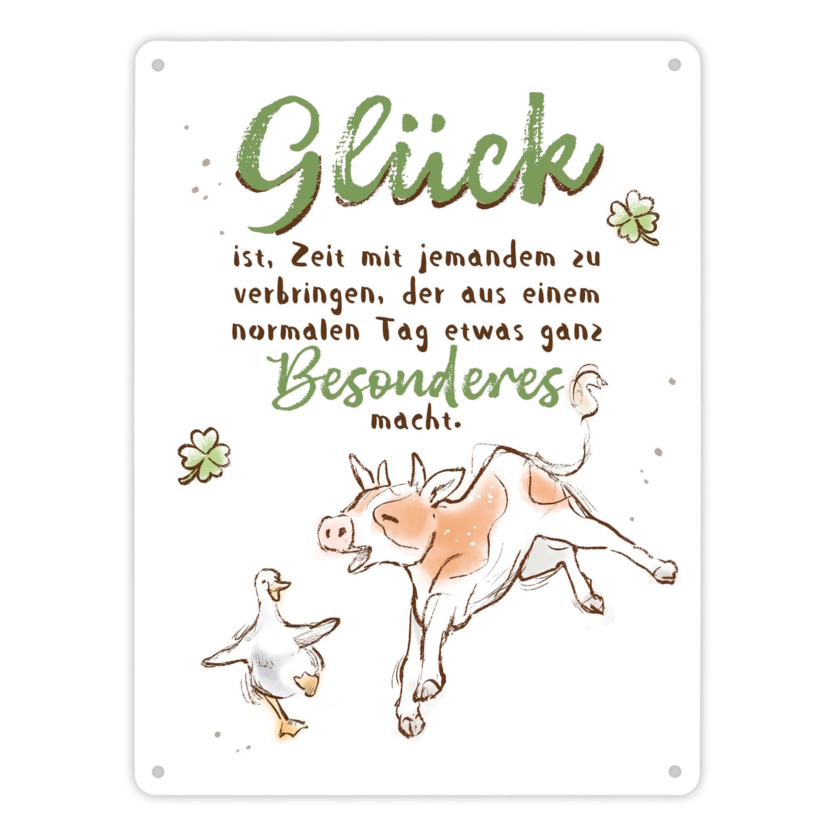 Kuh und Gans Metallschild in 15x20 cm mit Spruch Glück ist besondere Zeit mit jemandem