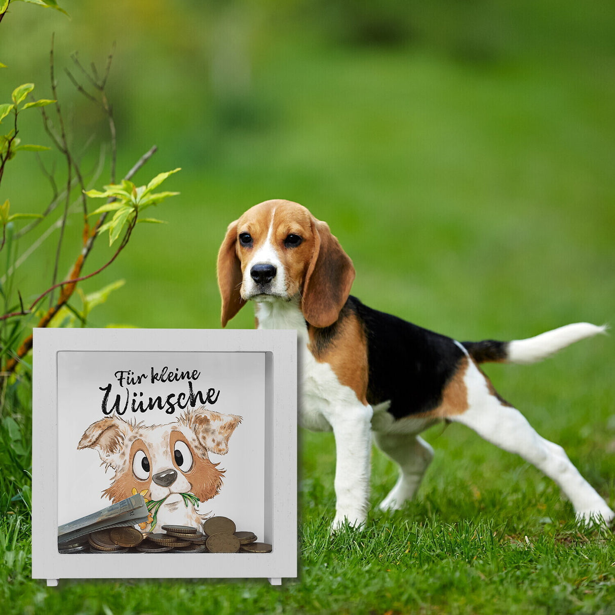 Hund Spardose mit Spruch Für kleine Wünsche