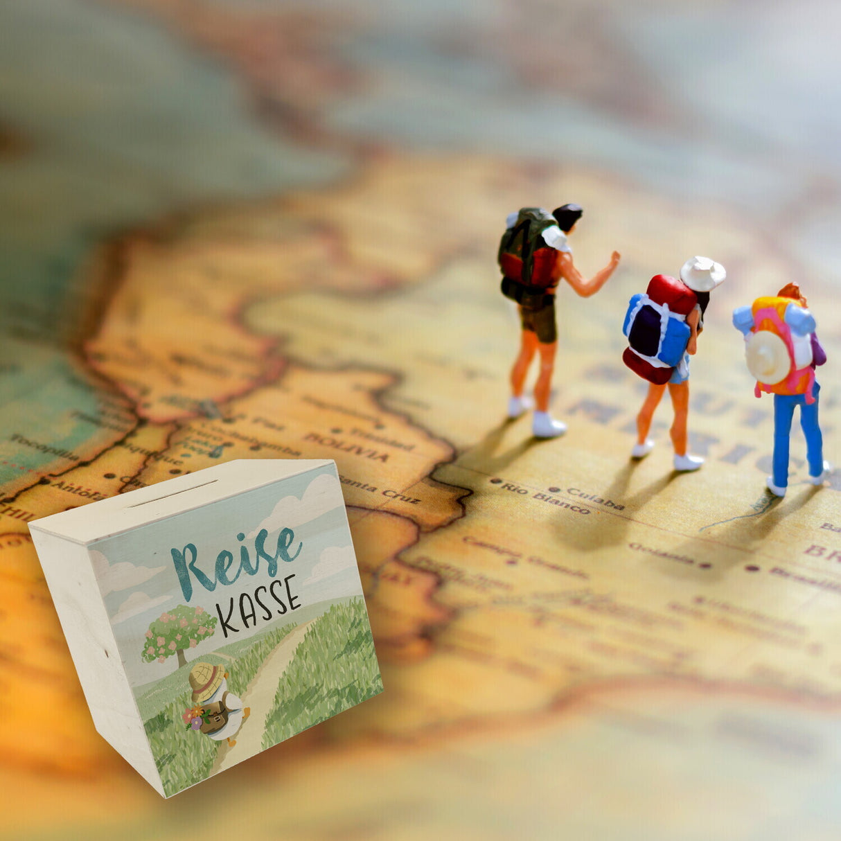 Ente auf Reisen Spardose mit Spruch Reisekasse