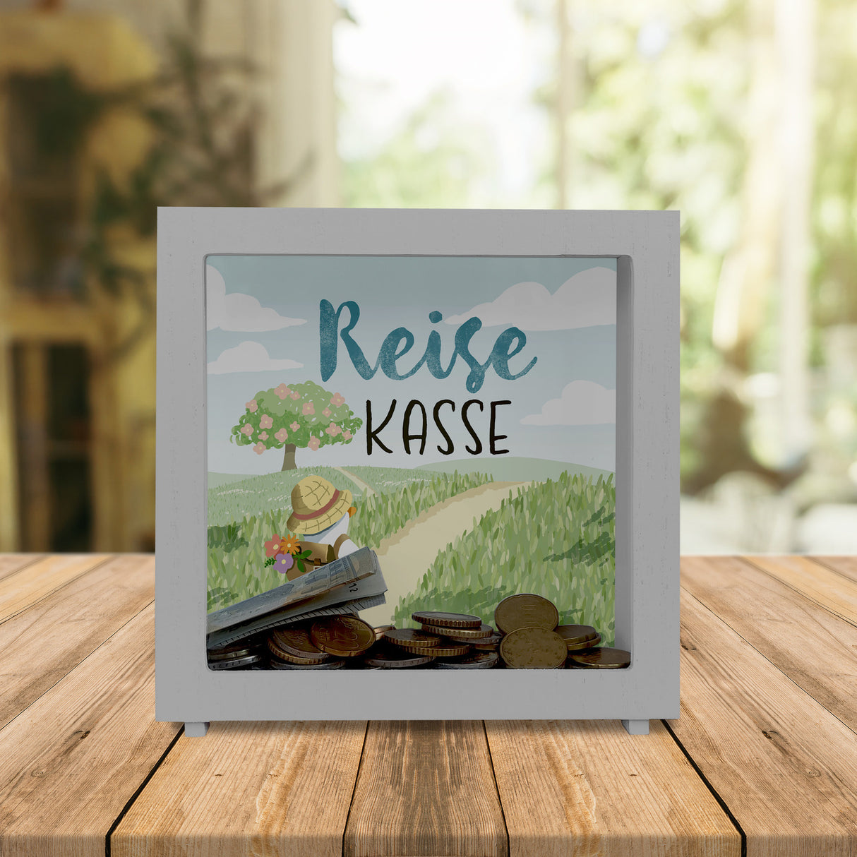 Ente auf Reisen Spardose mit Spruch Reisekasse
