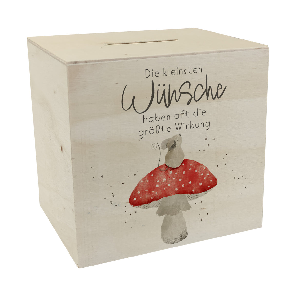 Maus auf Fliegenpilz Spardose mit Spruch Kleinste Wünsche größte Wirkung