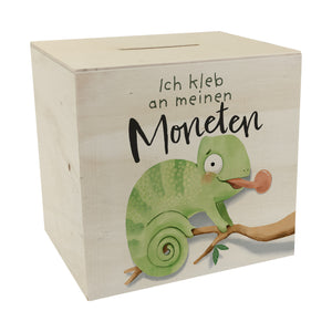 Chamäleon Spardose mit Spruch Ich kleb an meinen Moneten
