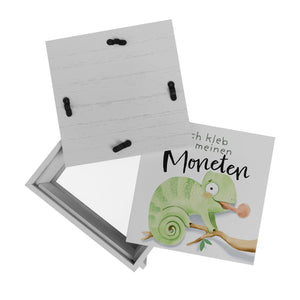 Chamäleon Spardose mit Spruch Ich kleb an meinen Moneten