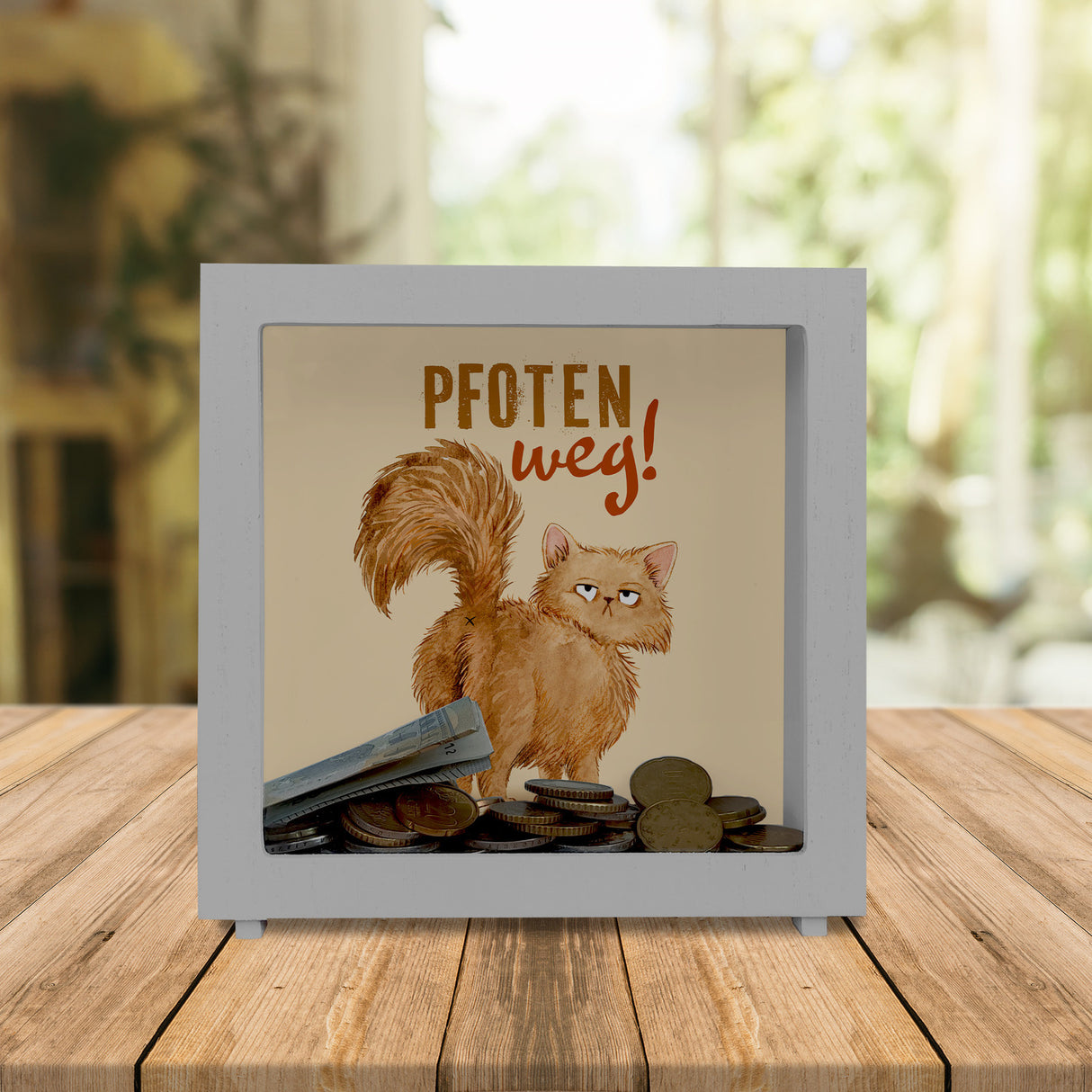 Katze Spardose mit Spruch Pfoten weg