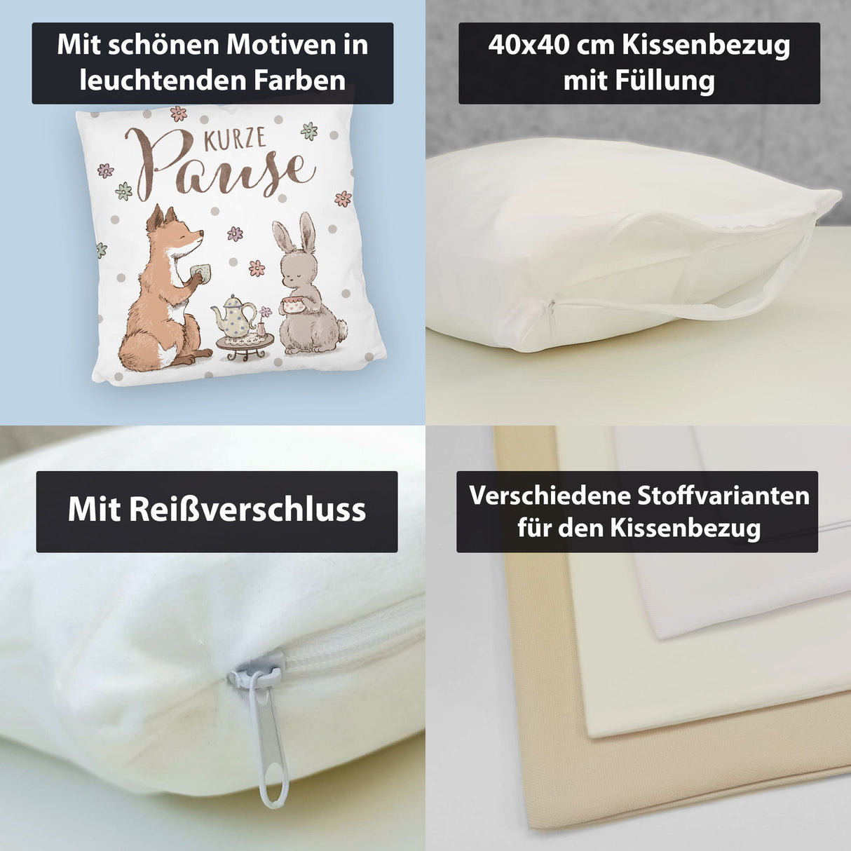 Fuchs und Hase Kissen mit Spruch Kurze Pause
