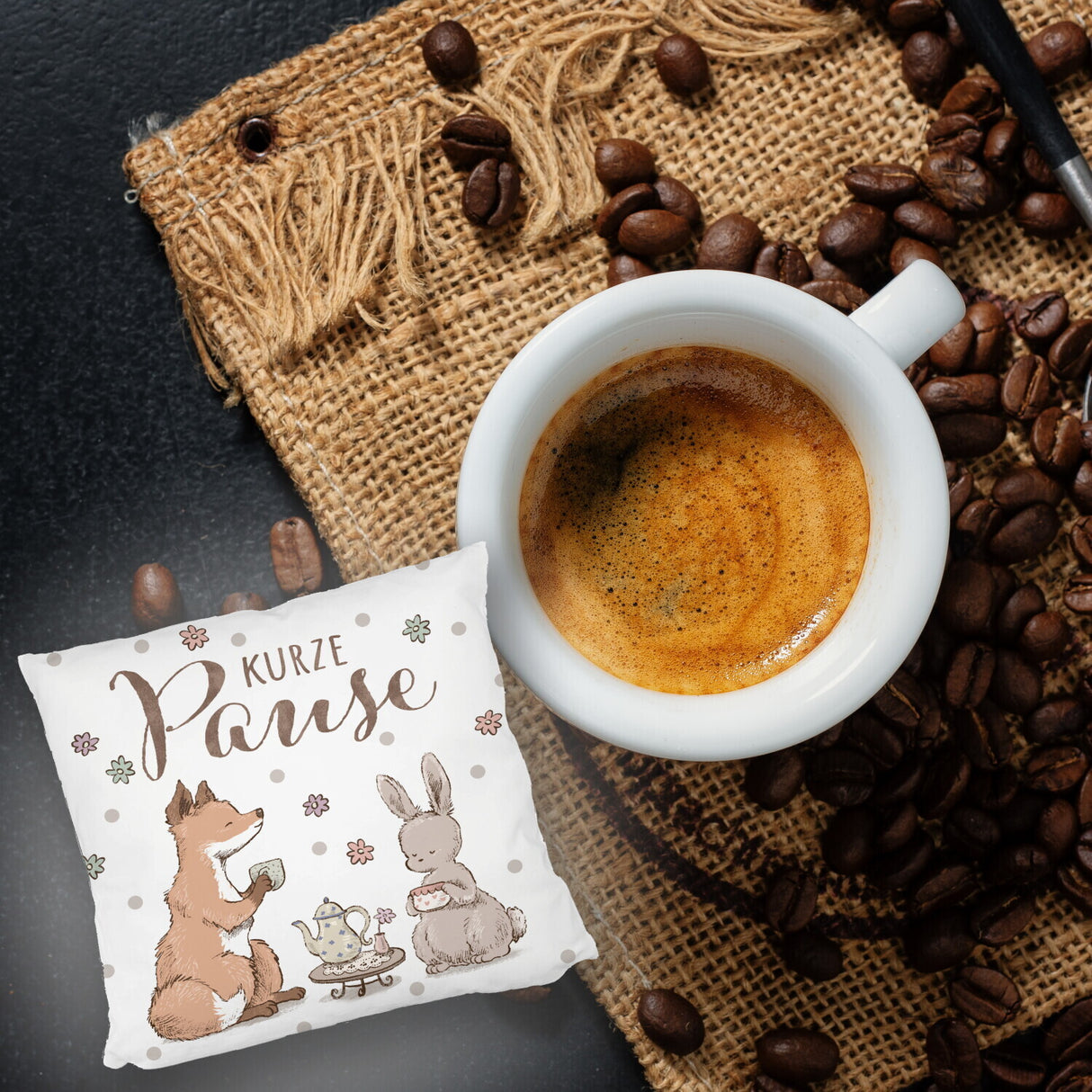 Fuchs und Hase Kissen mit Spruch Kurze Pause