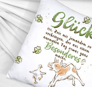 Kuh und Gans Kissen mit Spruch Glück ist besondere Zeit teilen