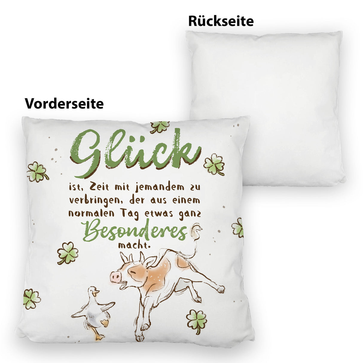 Kuh und Gans Kissen mit Spruch Glück ist besondere Zeit teilen