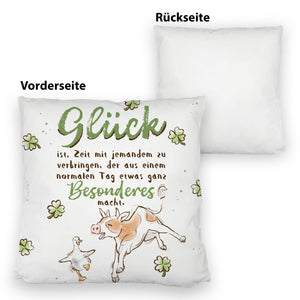 Kuh und Gans Kissen mit Spruch Glück ist besondere Zeit teilen