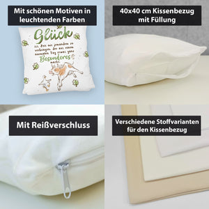 Kuh und Gans Kissen mit Spruch Glück ist besondere Zeit teilen