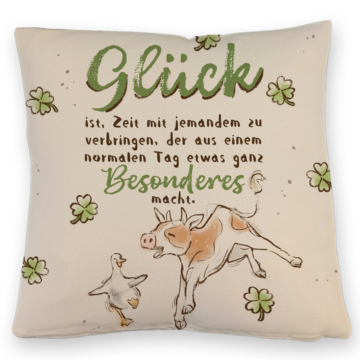 Kuh und Gans Kissen mit Spruch Glück ist besondere Zeit teilen