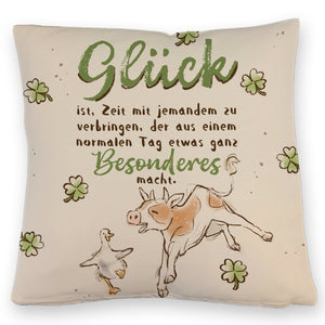 Kuh und Gans Kissen mit Spruch Glück ist besondere Zeit teilen