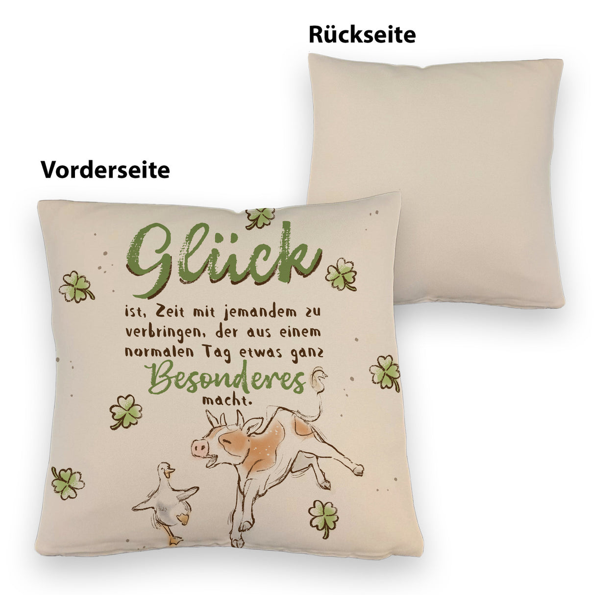Kuh und Gans Kissen mit Spruch Glück ist besondere Zeit teilen
