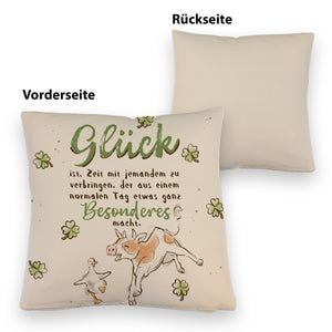 Kuh und Gans Kissen mit Spruch Glück ist besondere Zeit teilen