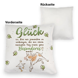 Kuh und Gans Kissen mit Spruch Glück ist besondere Zeit teilen