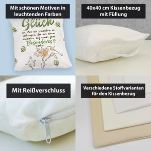 Kuh und Gans Kissen mit Spruch Glück ist besondere Zeit teilen