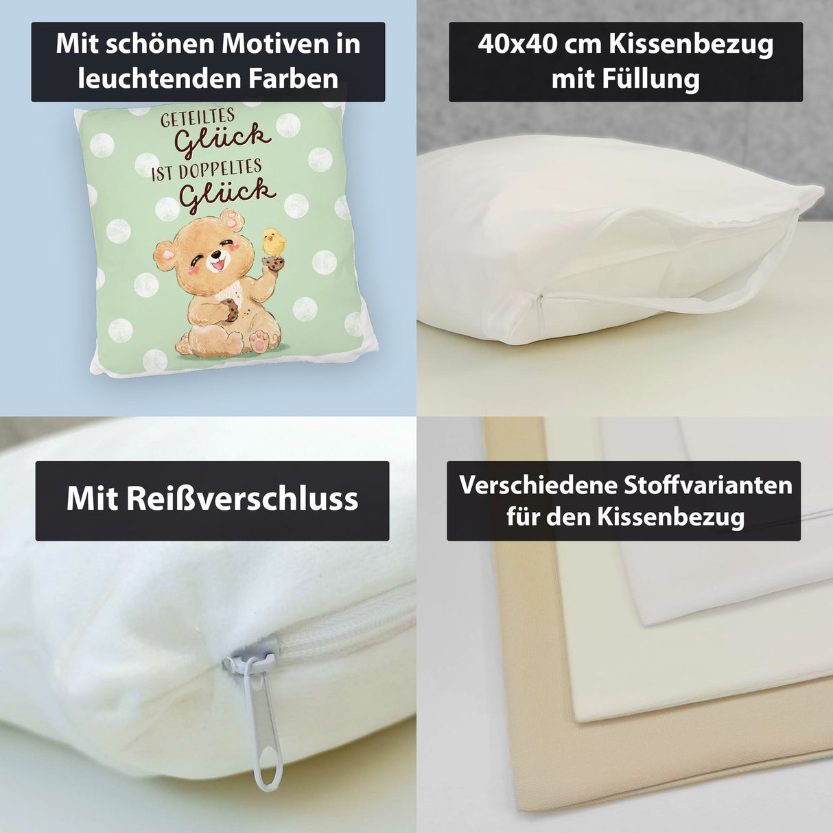 Bär Kissen mit Spruch Geteiltes Glück ist doppeltes Glück