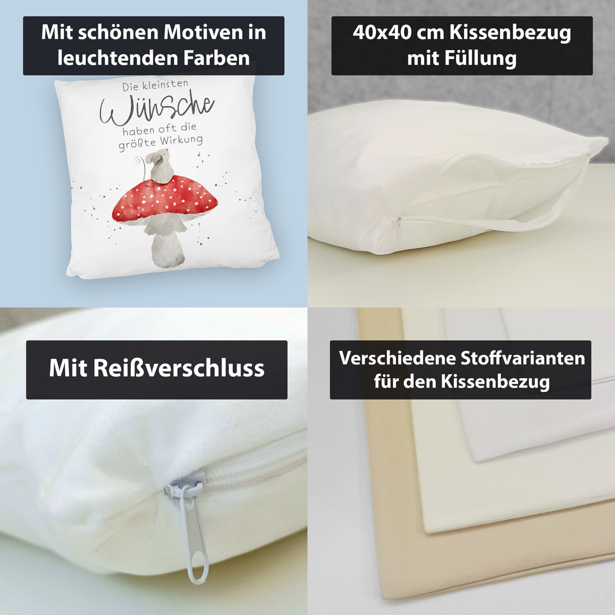 Maus auf Fliegenpilz Kissen mit Spruch Kleinste Wünsche größte Wirkung
