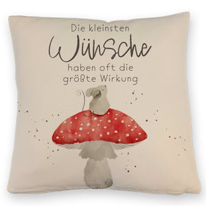 Maus auf Fliegenpilz Kissen mit Spruch Kleinste Wünsche größte Wirkung