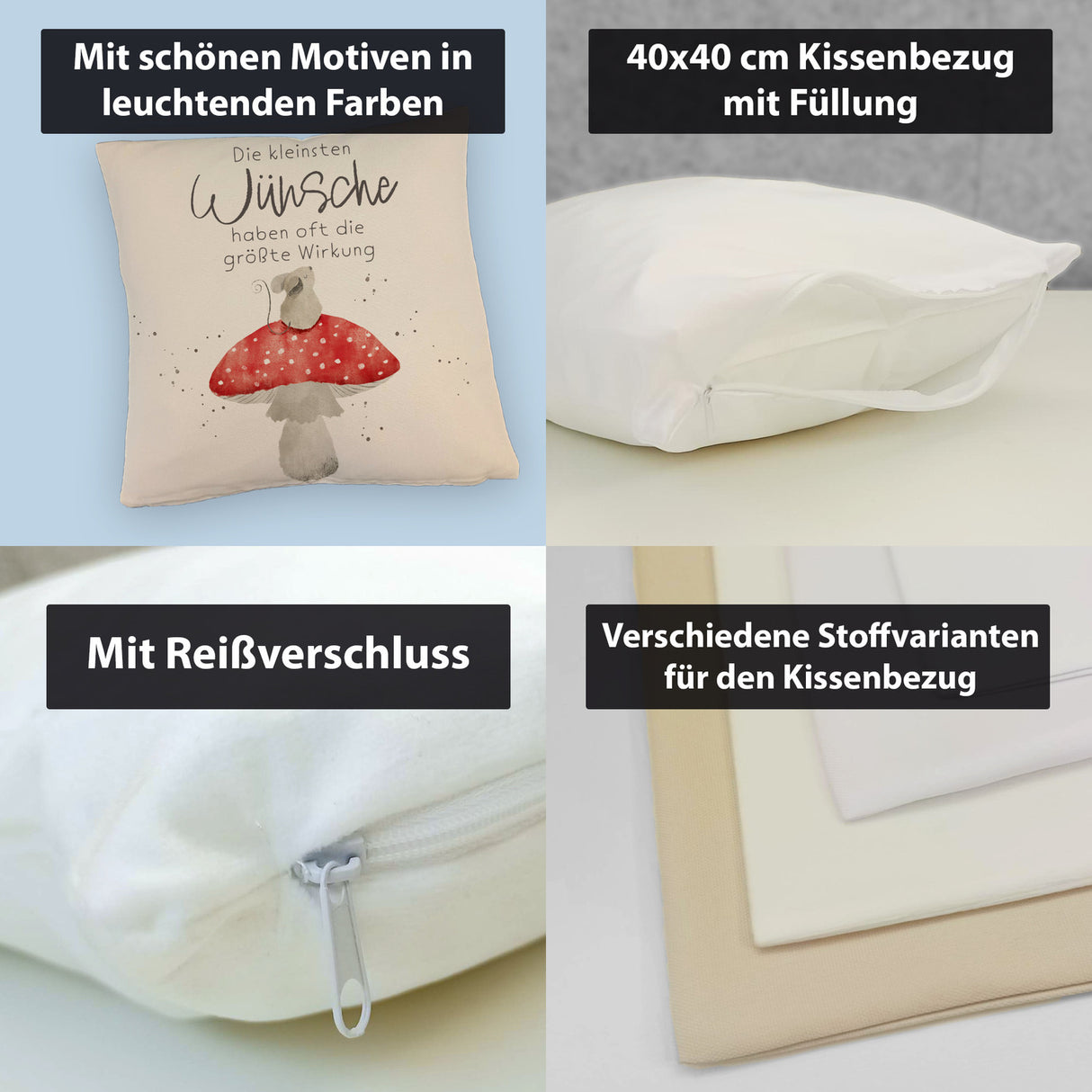 Maus auf Fliegenpilz Kissen mit Spruch Kleinste Wünsche größte Wirkung