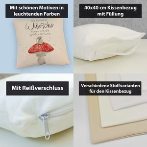 Maus auf Fliegenpilz Kissen mit Spruch Kleinste Wünsche größte Wirkung