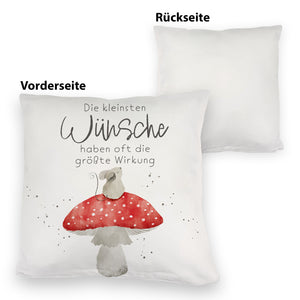 Maus auf Fliegenpilz Kissen mit Spruch Kleinste Wünsche größte Wirkung
