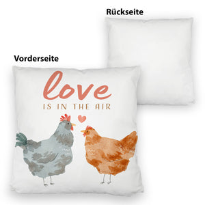 Hühner Kissen mit Spruch Love is in the air