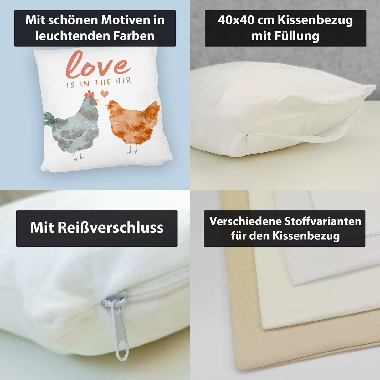 Hühner Kissen mit Spruch Love is in the air