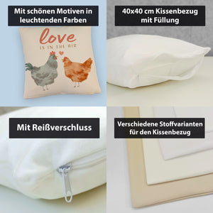 Hühner Kissen mit Spruch Love is in the air
