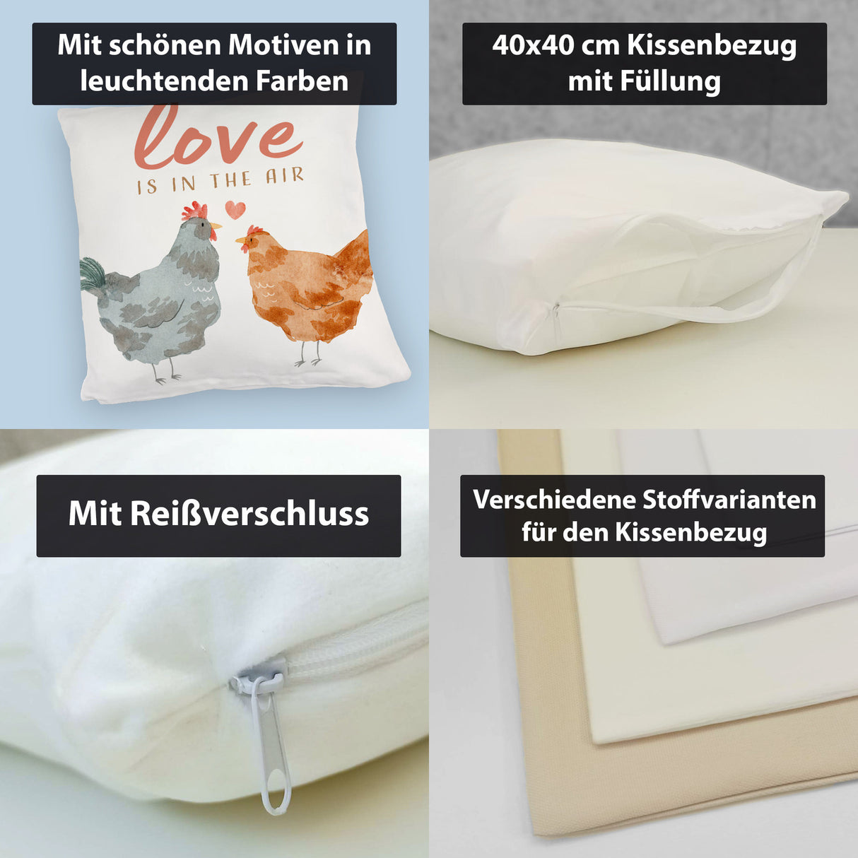 Hühner Kissen mit Spruch Love is in the air
