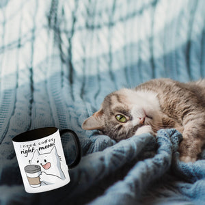 Katze Kaffeebecher mit Spruch I need coffee right meow