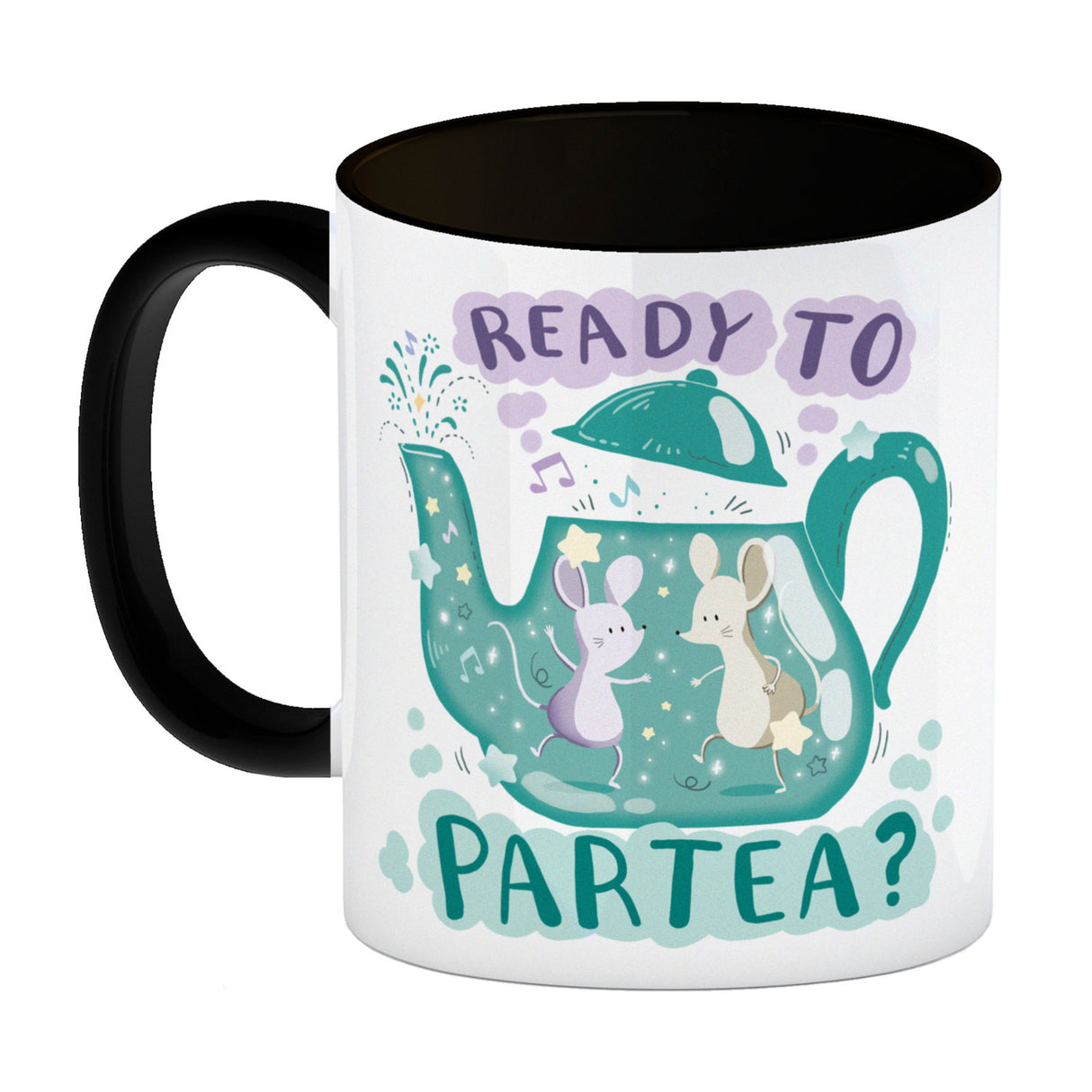 Mäuse in Teekanne Kaffeebecher mit Spruch Ready to Partea