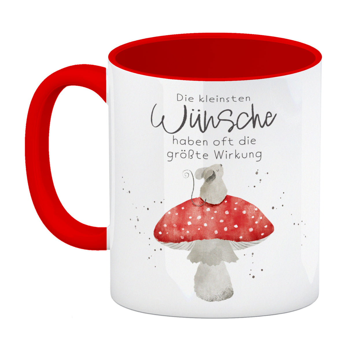 Maus auf Fliegenpilz Kaffeebecher mit Spruch Kleinste Wünsche größte Wirkung