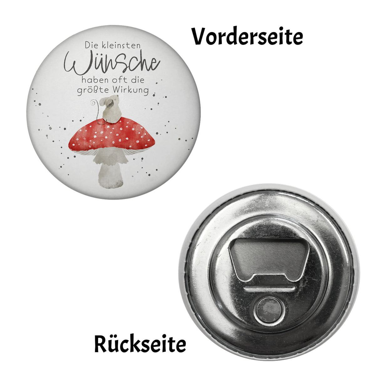Maus auf Fliegenpilz Magnet rund rund mit Spruch Kleinste Wünsche größte Wirkung
