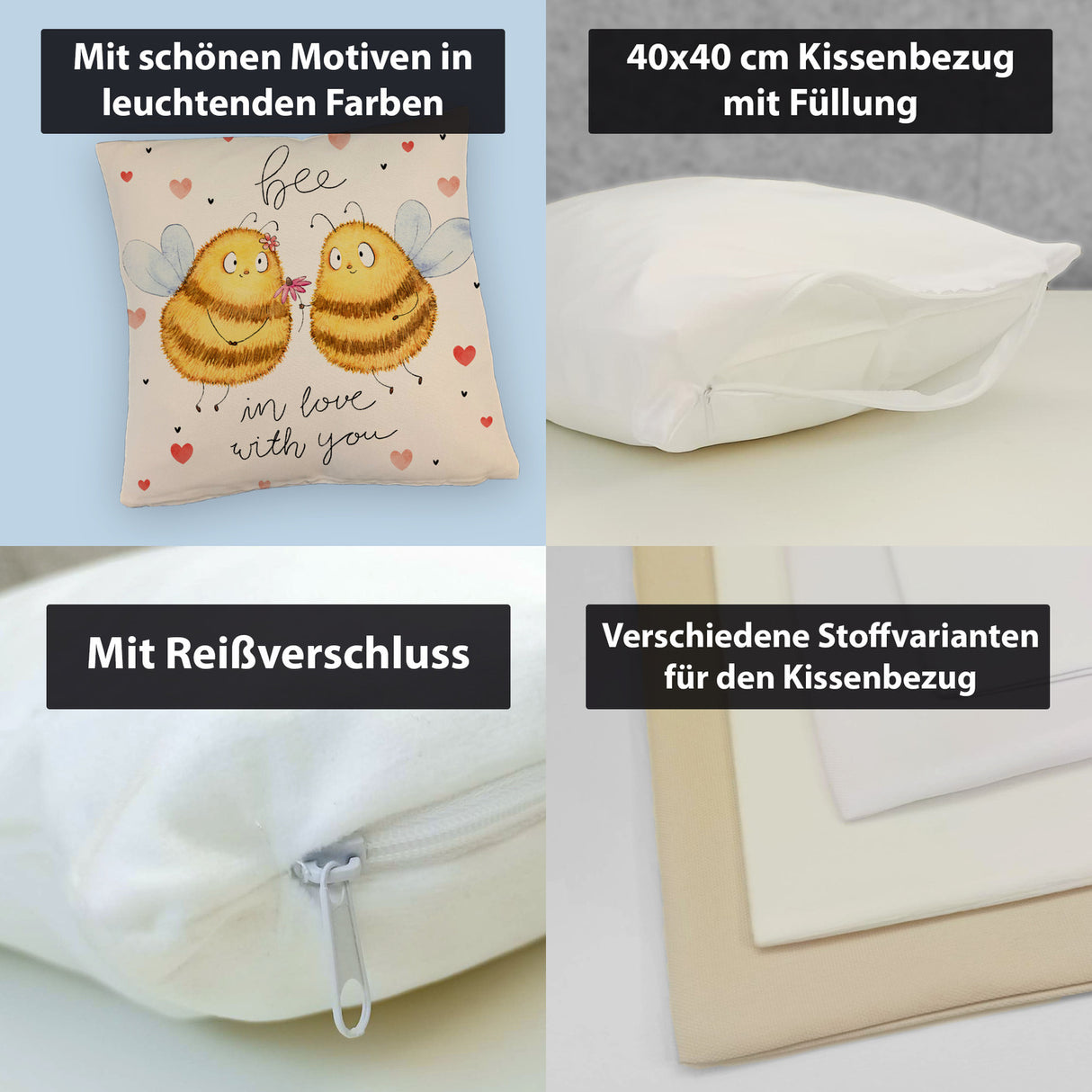 Pummel Biene Kissen mit Spruch Bee in love with you