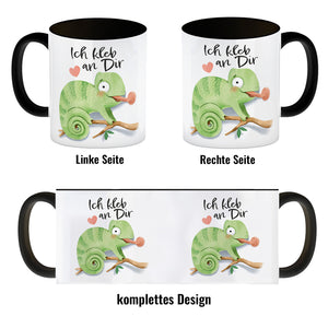 Chamäleon Kaffeebecher mit Spruch Ich kleb an dir