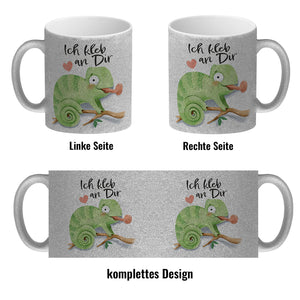 Chamäleon Kaffeebecher mit Spruch Ich kleb an dir