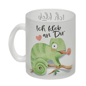 Chamäleon Kaffeebecher mit Spruch Ich kleb an dir