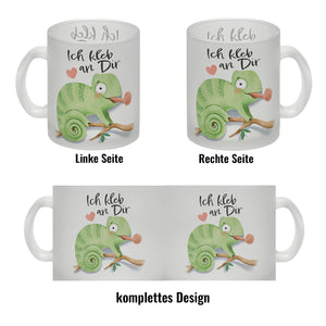 Chamäleon Kaffeebecher mit Spruch Ich kleb an dir