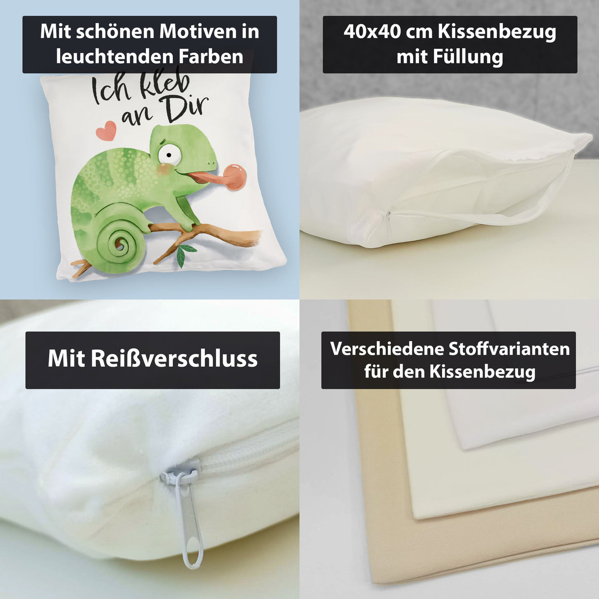Chamäleon Kissen mit Spruch Ich kleb an dir