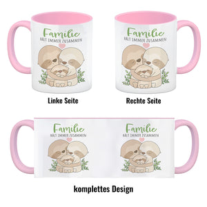 Faultier Familie Kaffeebecher mit Spruch Familie hält immer zusammen