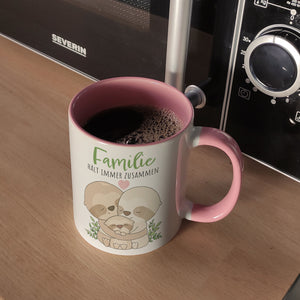 Faultier Familie Kaffeebecher mit Spruch Familie hält immer zusammen