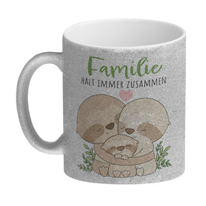 Faultier Familie Kaffeebecher mit Spruch Familie hält immer zusammen
