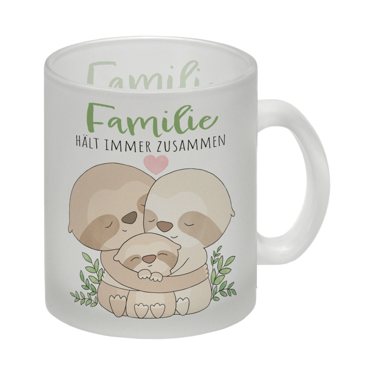 Faultier Familie Kaffeebecher mit Spruch Familie hält immer zusammen