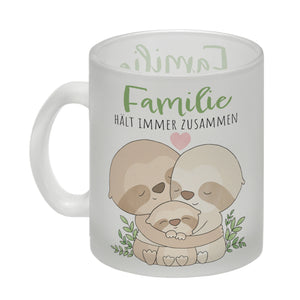 Faultier Familie Kaffeebecher mit Spruch Familie hält immer zusammen
